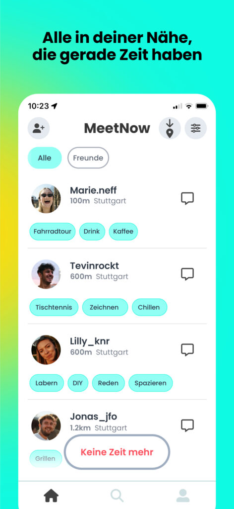 MeetNow! App Screenshot 1, alle in deiner Nähe, die gerade Zeit haben, zeigt alle Nutzer, die ebenfalls gerade Zeit haben.