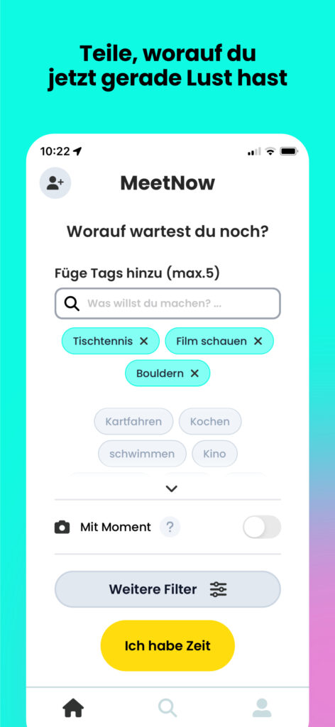 MeetNow! App Screenshot 2, teile worauf du jetzt gerade Lust hast, zeigt eine Auswahl von Aktivitäten.