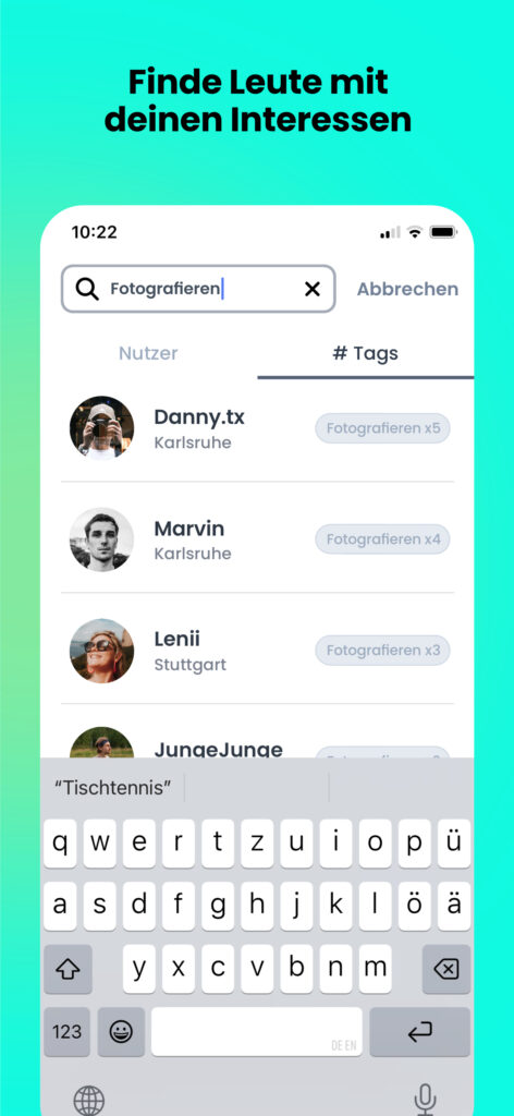 MeetNow! App Screenshot 3, finde Leute mit deinen Interessen, zeigt eine Suche und alle Nutzer die gerne Fotografieren.